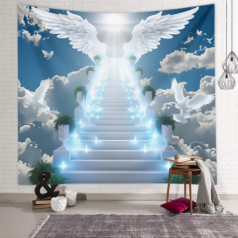 Stairway To Heaven Angel Wings Tapestry Polyester Wall Hanging, Spiritual Aesthetic Background for Bedroom, Living Room, Dorm Decor and Wedding Decoration