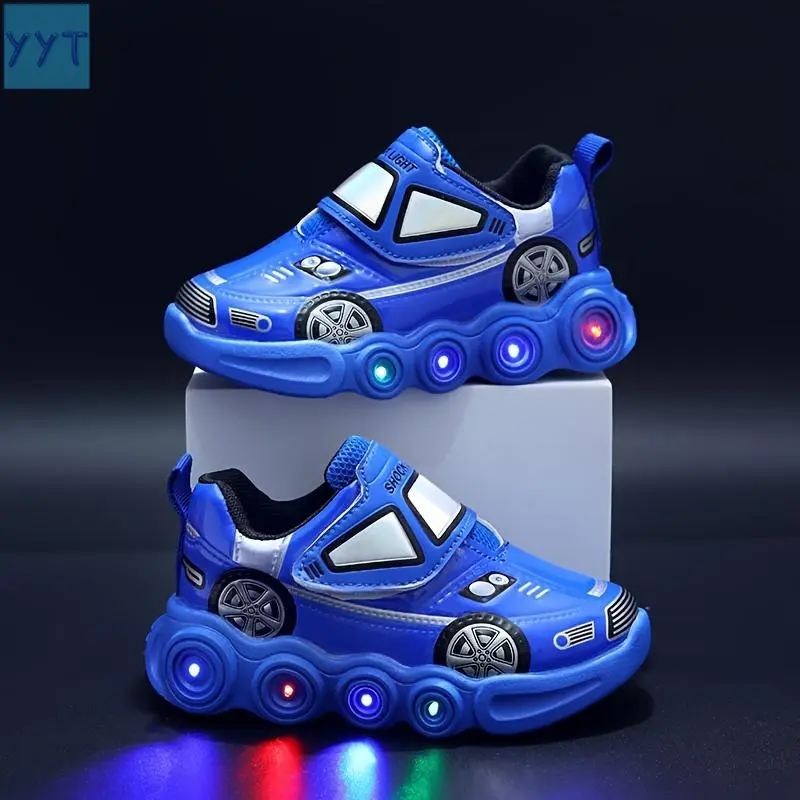 2026 Children's Sneakers with Blue and Red LED Lights and Car Design, Anti-Slip Trendy Sneakers for Boys and Girls, Trainer Sneakers