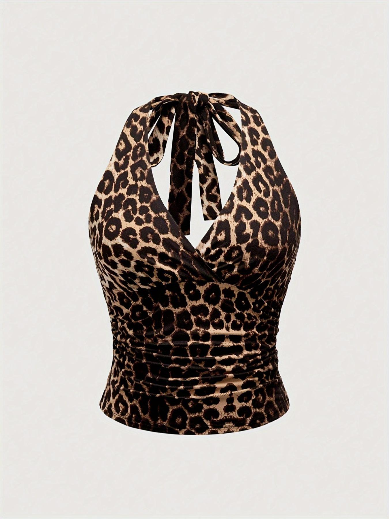 Women's Leopard Print Fitted Tie Back Feature Tank Top, Casual Sleeveless Top for Summer, Ladies Clothes for Daily Wear