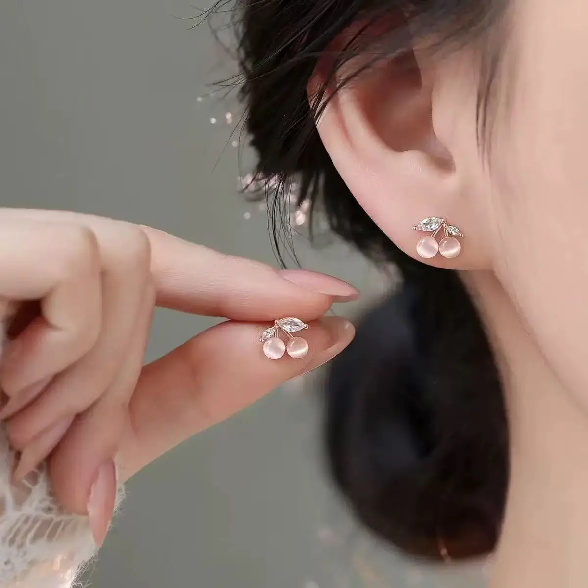 Baby Pink Cheery Earring Cat Eye Stone