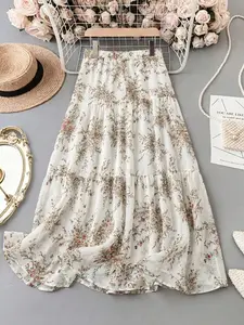 Floral Layered Midi Skirt, Elastic Waist Boho Bohemian Style Long Dress, Flowy and Elegant Women's Fashion Skirt