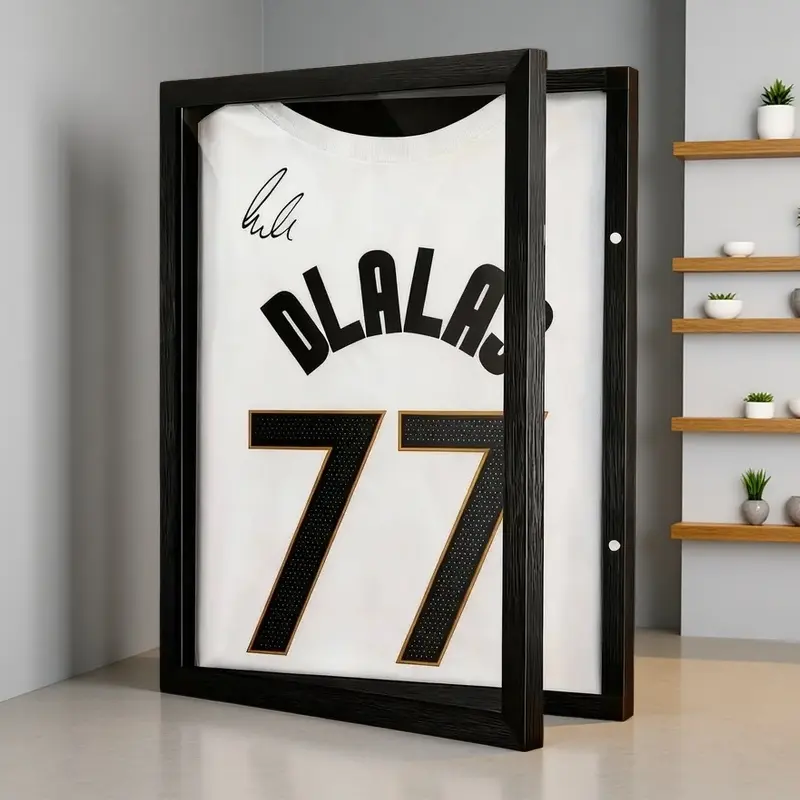 Optional 18x14 and 13x13 inch sports jersey display case with sleek black frame and heavy-duty stand secures hockey, football, and T-shirts, transparent scratch-resistant design showcases collectibles, wall-mountable, perfect gift for fan caves, game room