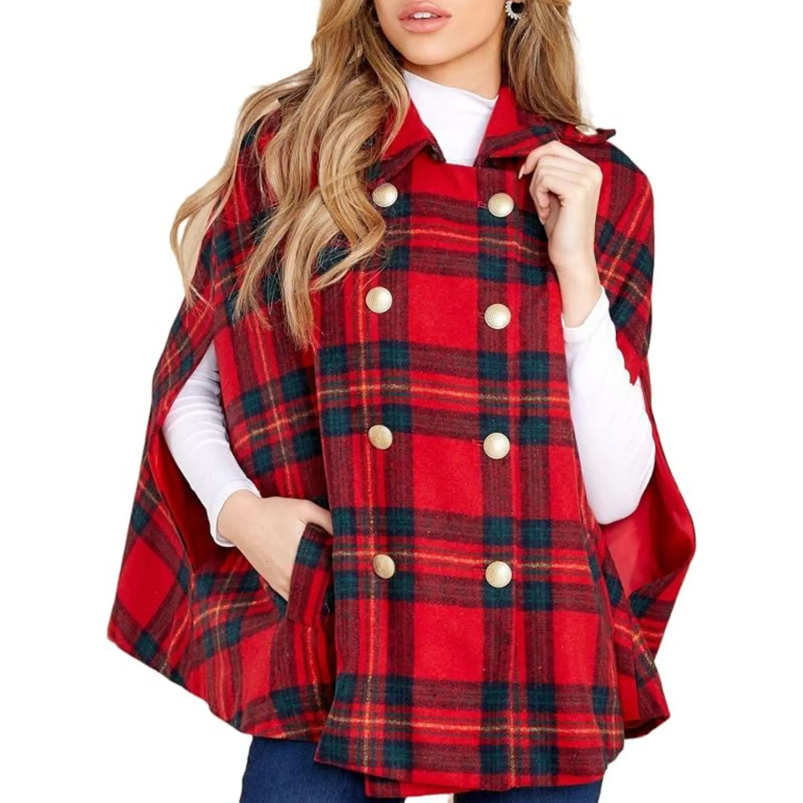 Tankaneo Plaid Winter Cape Coats For Women Double Breasted, Jackets, Casual, Poncho, Tartan, Turn‑down Collar Christmas