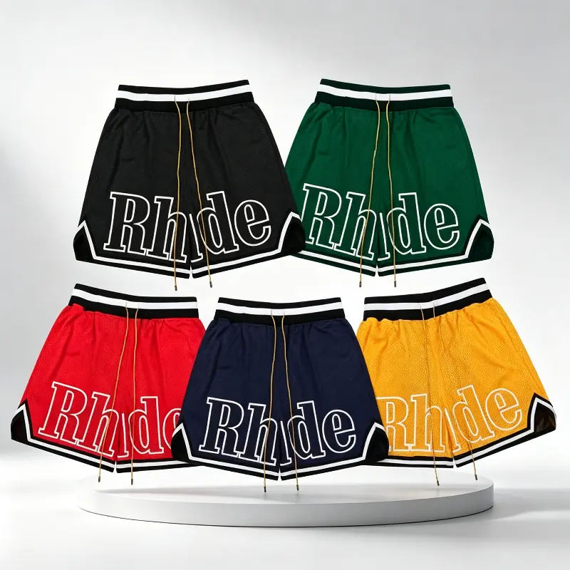 Multi Color Mens Breathable Mesh Athletic Shorts, Contrast Trim Hem Drawstring Waist Casual Street Basketball Training Shorts