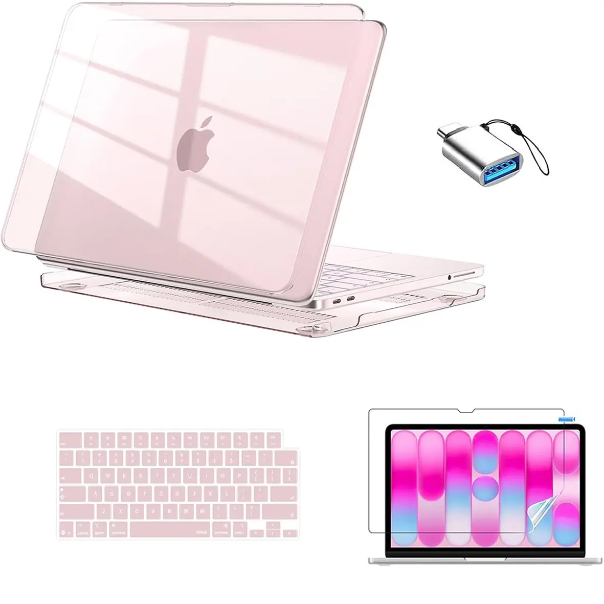 Pink Clear MacBook NEO  Hard Shell Case 4 in 1 Set, Laptop Protective Cover with Keyboard Cover Screen Protector USB C Adapter, Cute Gift for Women Birthday Christmas, Macbook Accessories