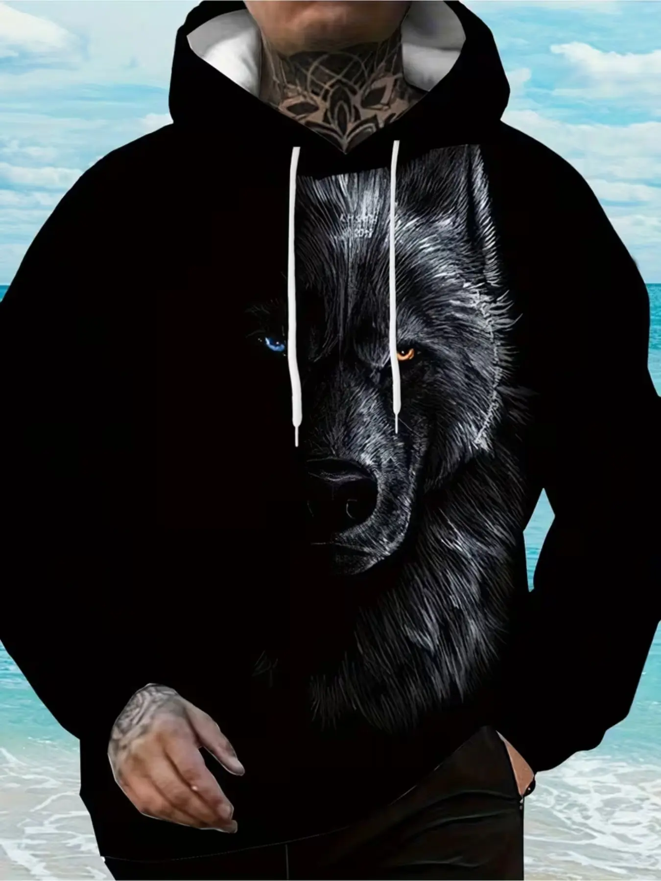 Men's Hooded Long Fashion Print Sweatshirt, Casual Wolf Head Design, Comfortable for Daily Wear, Easy to Pair