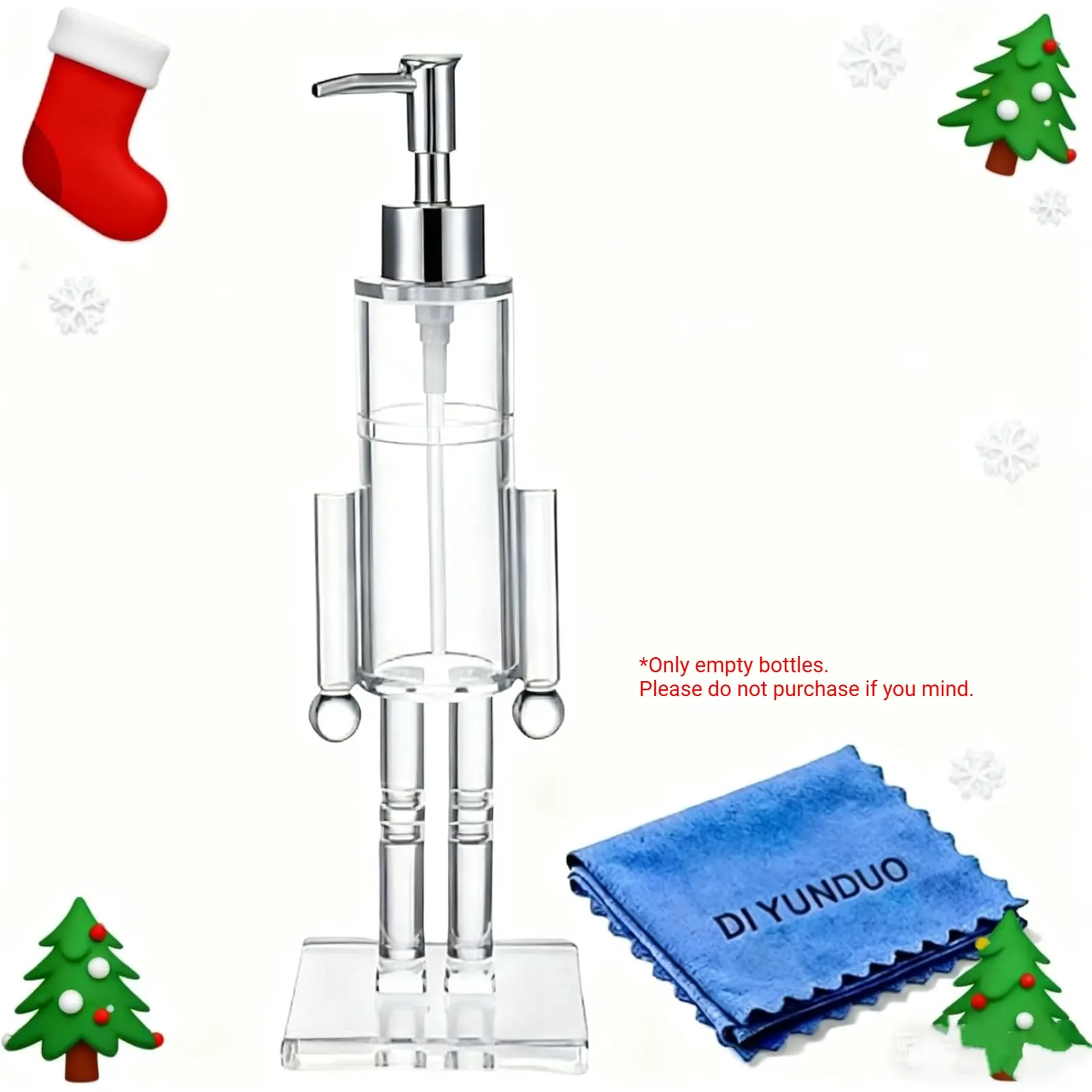 Clear Acrylic Nutcracker Soap Dispenser, Christmas Holiday Bathroom & Kitchen Decor, Refillable Hand Soap Dispenser with Easy-Fill Wide Neck, Festive Gift