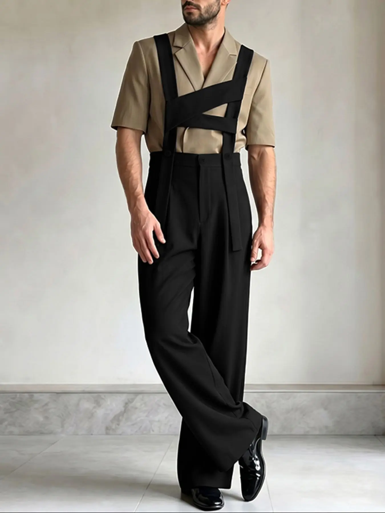 INCERUN Men's Casual Fashion Bib Pants Overalls, Cross Design Decomposition, Solid Color, Suitable for Daily Wear, Comfortable and Stylish, Everyday Overalls