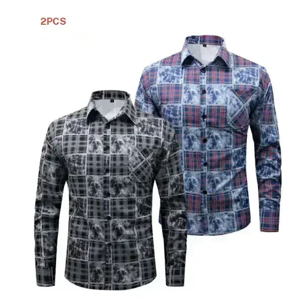Men’s tie dye plaid long sleeve shirt two piece set, retro casual dual styles, color block plaid patchwork with tie dye craftsmanship, smooth skin friendly fabric, versatile comfortable slim fit top