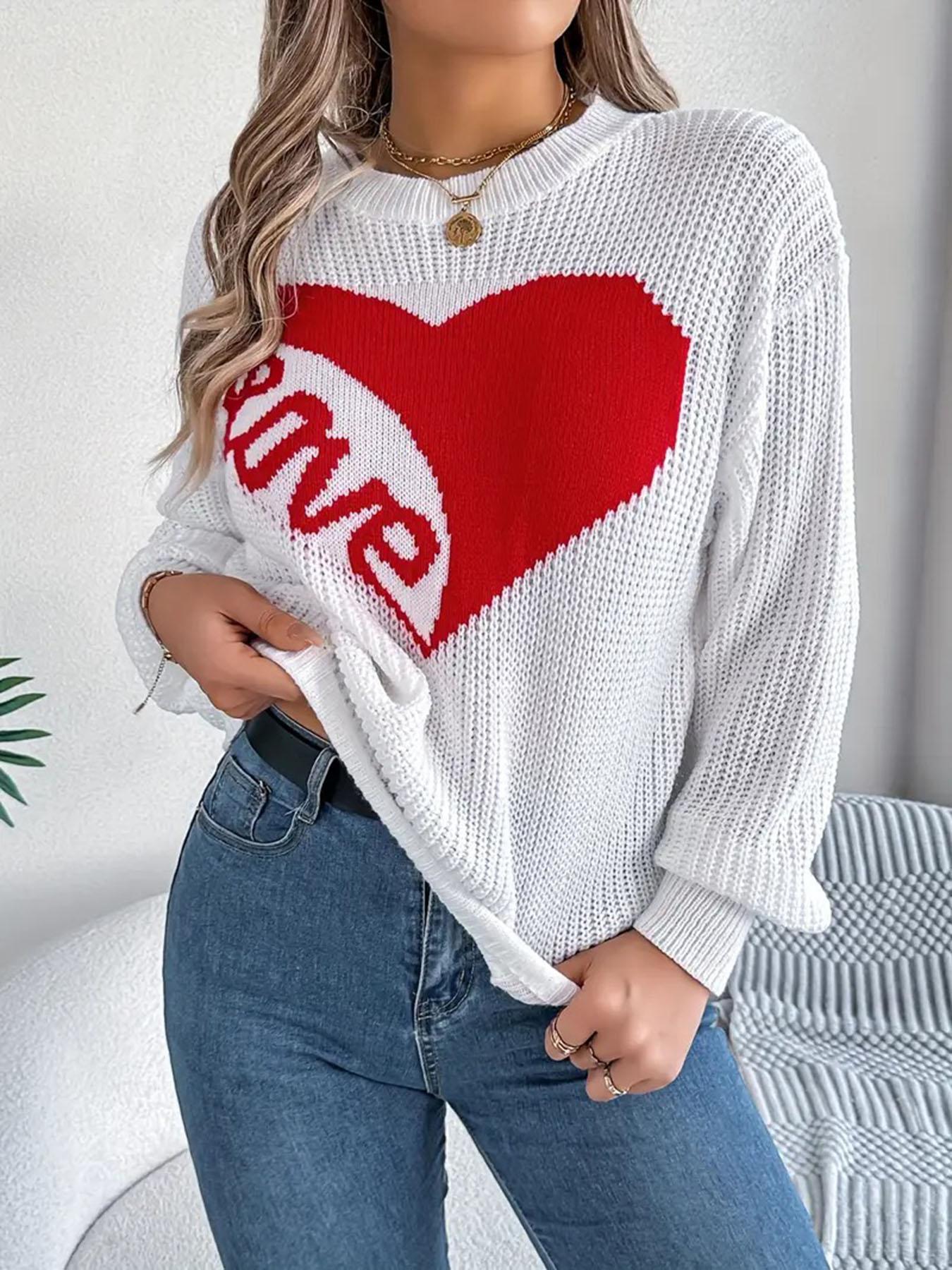 New Heart Loose Knit Sweater for Women, Autumn Winter Round Neck Pullover, Casual Colorblock Design, Lazy Style Heart Pattern Top, Knitted Shirt