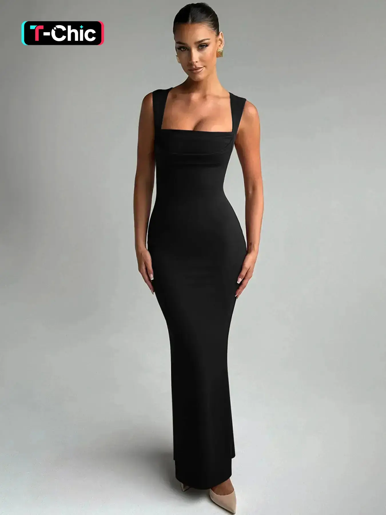 Women's Solid Square Neck Long Dress, Elegant Sleeveless Evening Party Gown, Ladies Clothes for All Seasons, Elegant Classy Flattering, Formal Evening Dress, Womenswear, Evening Gowns
