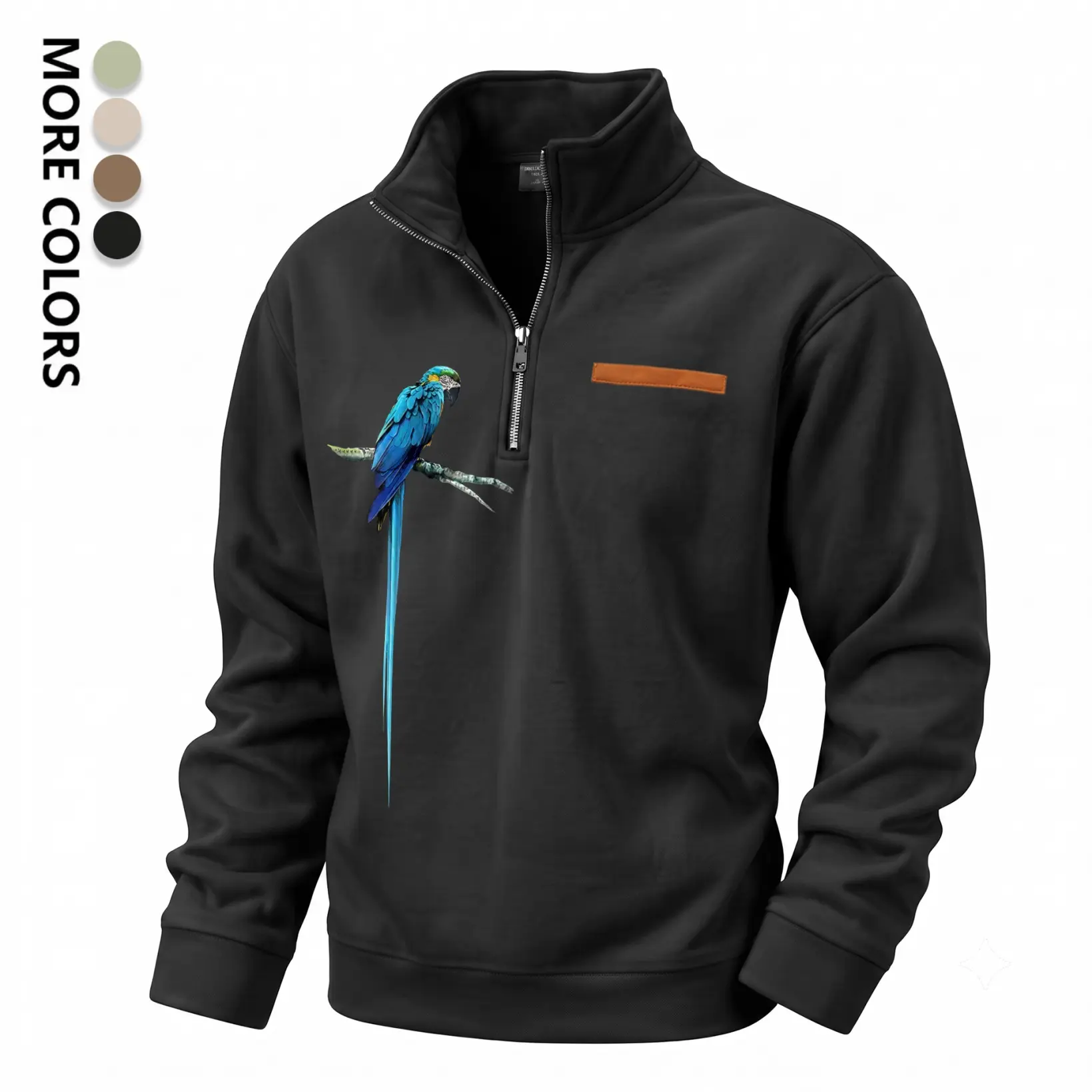 Men's Blue Parrot Graphic Quarter Zip Pullover Sweatshirt, Fleece Lined Stand Collar Long Sleeve Casual Tops, Warm Fall Winter Outdoor Sweatshirt for Daily Wear, Travel, Hiking and Streetwear