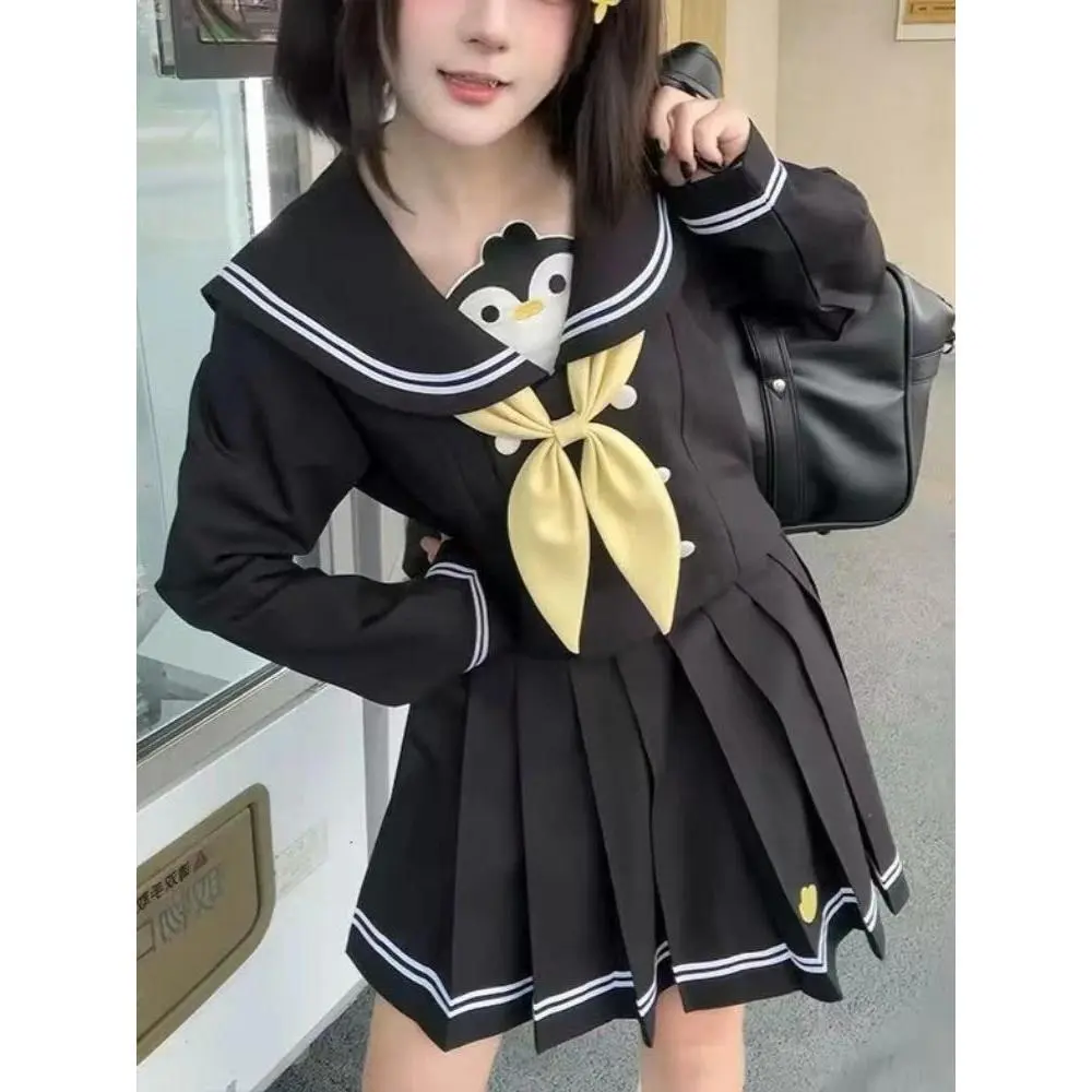 Preppy Style Kawaii Black Sailor Suit Women Fashion Casual Sweet Slim Long Sleeve T-Shirts Autumn Lovable Bouffant Short Skirt