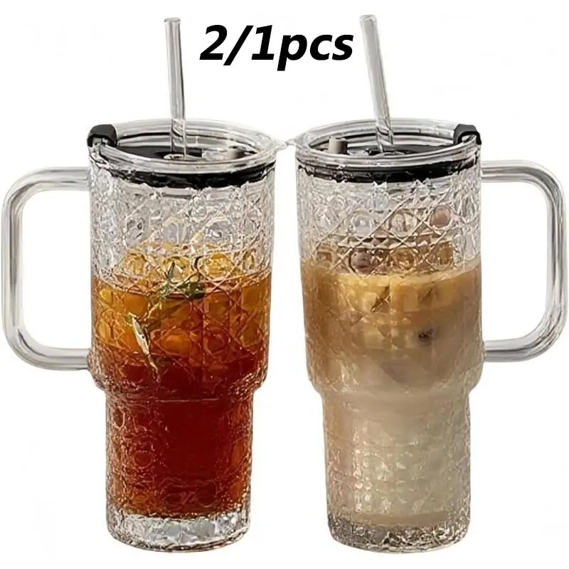 17oz Gem Pattern Glass Cup Set with Lid and Straw, Reusable Ice Coffee Mug, Travel Glass Cup, Tea Drinkware, Daily Use