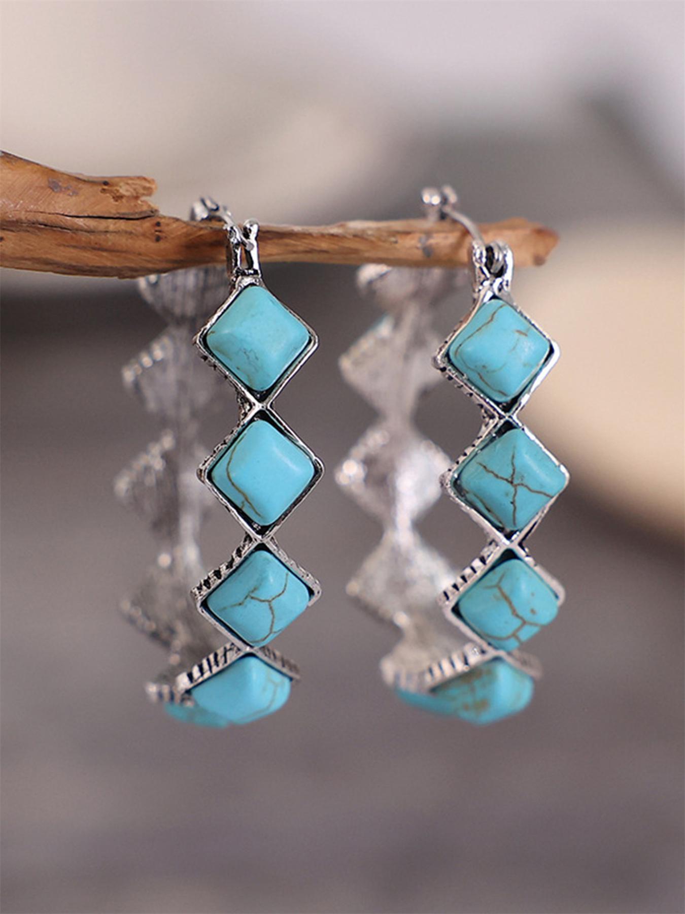 Women's Boho Style Turquoise Texture Design Hoop Earrings (1 Pair), Fashion Retro Hoop Earrings for Women & Girls, Trendy All-match Vintage Jewelry As Birthday Gift