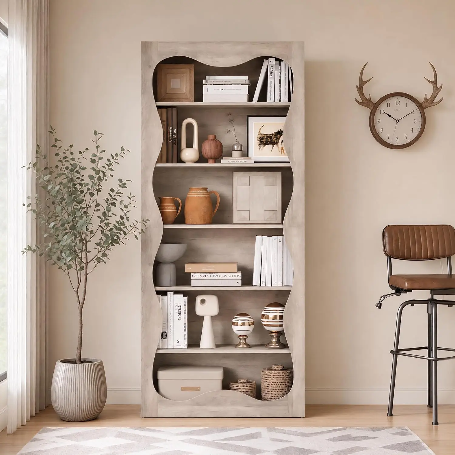 Tall 6-Tier Wood Bookshelf, Freestanding Bookcase with Wavy Scalloped Edge, Large Storage Display Shelf for Living Room Bedroom Office Library