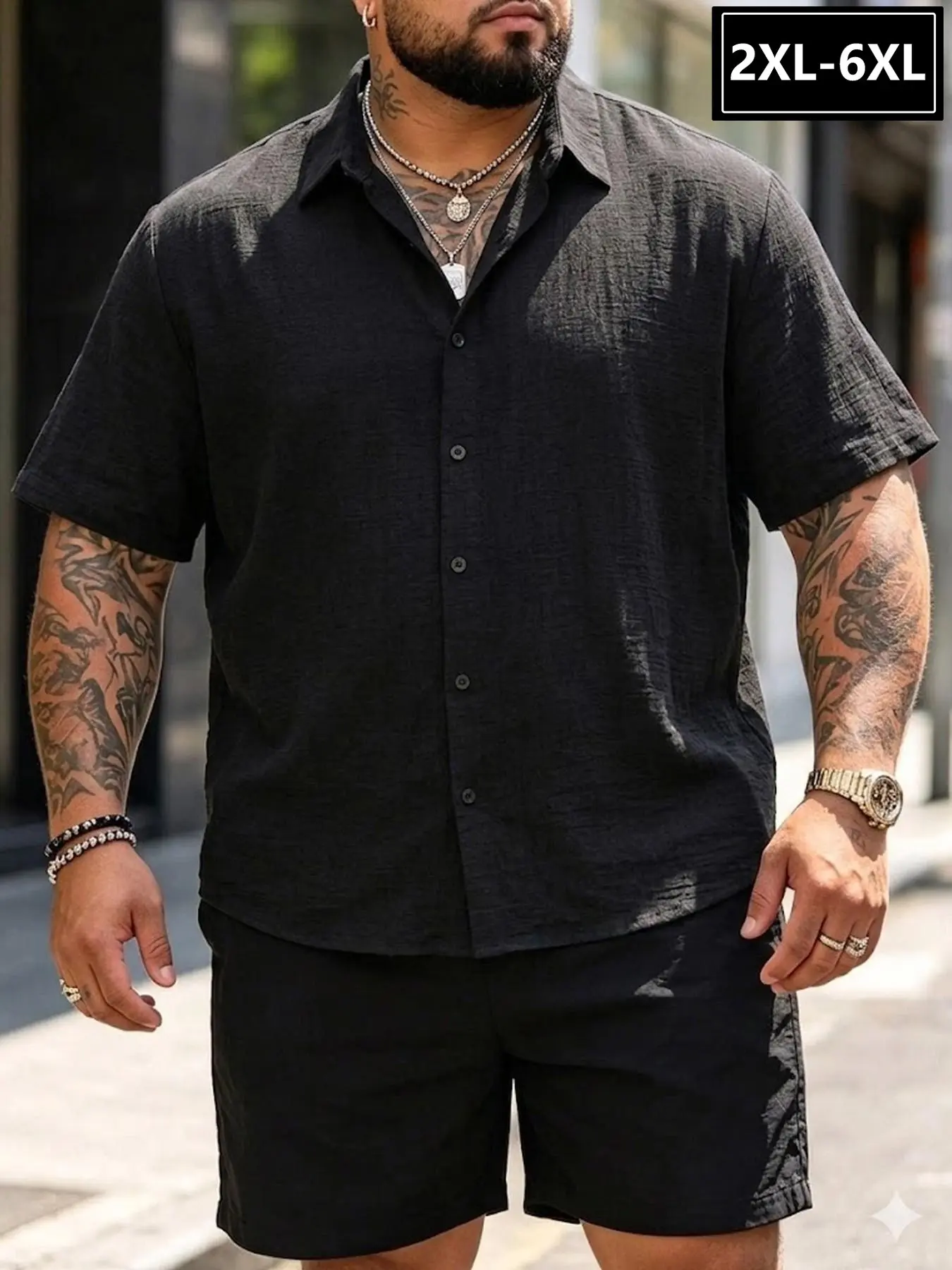 Men's Plus Size Two-Piece Set Outfit, Textured Casual, Slim-Fit Shirt & Shorts, Breathable Fabric, All-Season Comfort