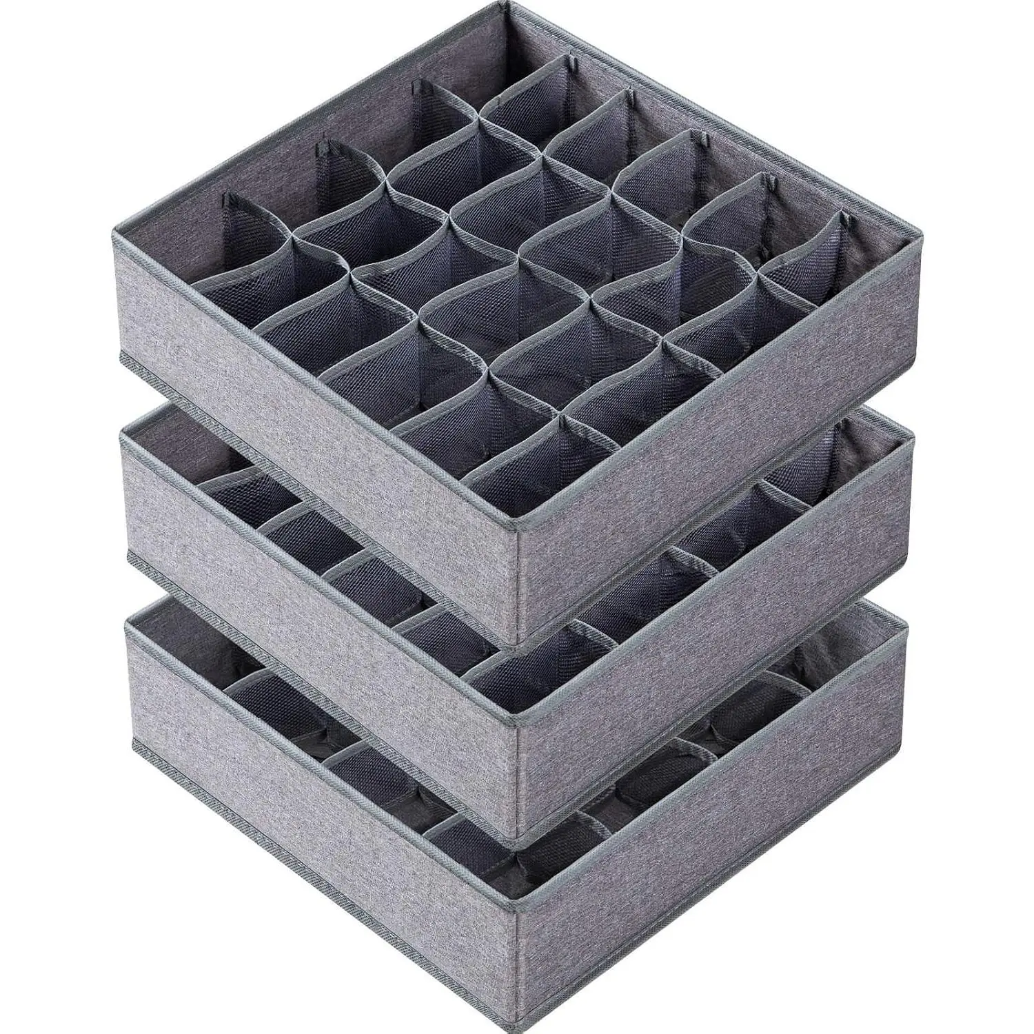 3 Pack Sock Underwear Drawer Organizer Dividers, 64 Cell Fabric Foldable Dresser Organizer for Closet Organizers and Storage Boxes for Organizing Socks, Underwear, Ties (16+24+24 Cell, Gray)