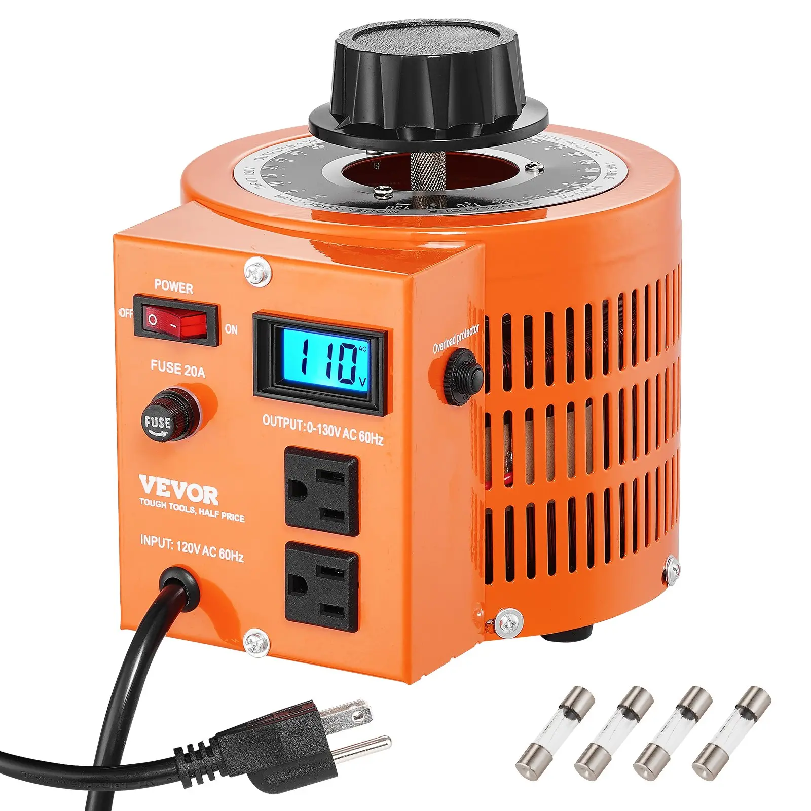 【DealsForYouDays】VEVOR 2000VA Auto Variable Voltage Transformer, 15.3 Amp, 110V Input 0-130V Output AC Voltage Regulator, with LCD Display 4 Extra Fuses Thermal Control Switch for Home Industrial Office