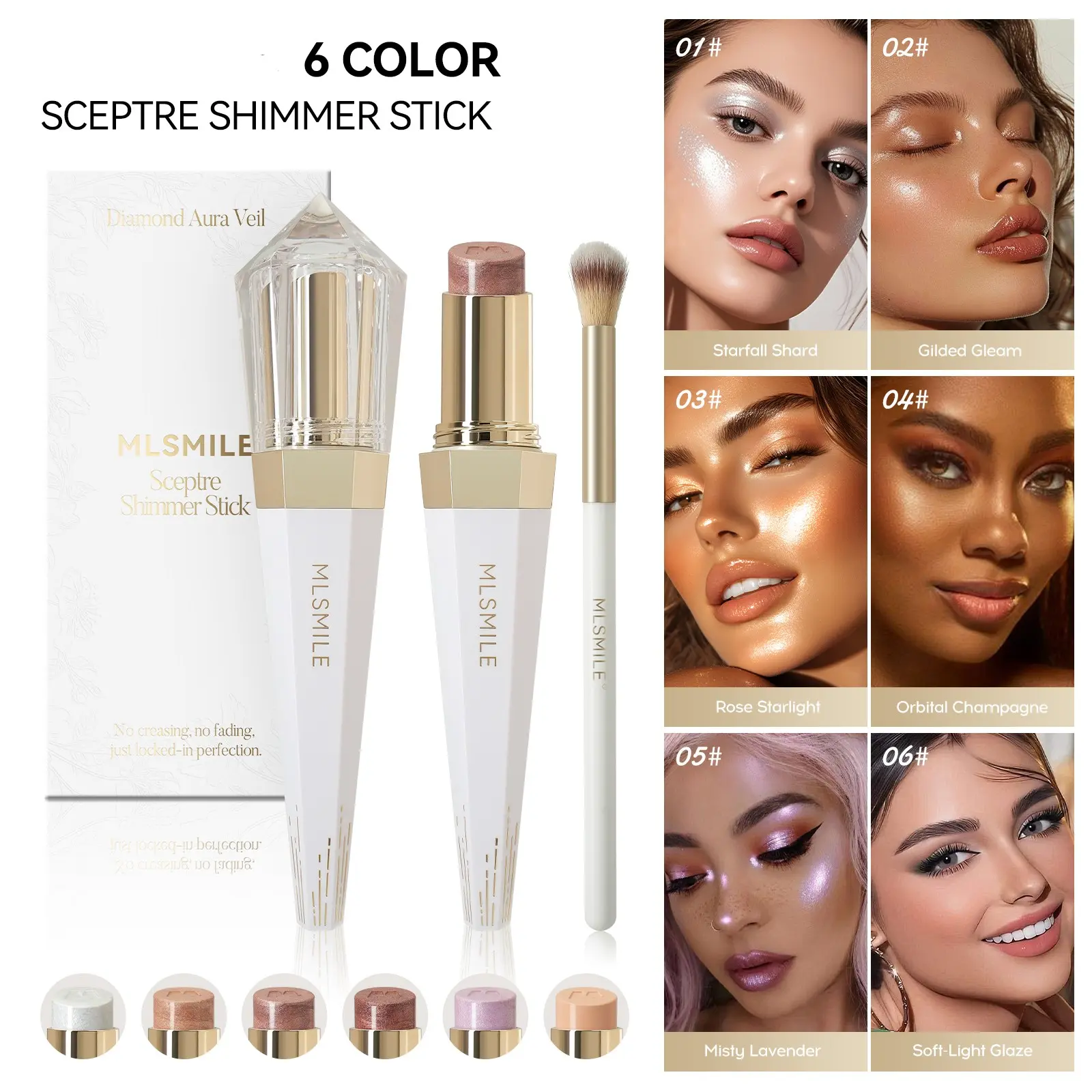 6 Shades Dewy Cream Highlighter Stick, From Pale Silver To Warm Bronze Tone, Slanted Tip For Quick Cheek Application, Matching Soft Brush Makes Blending Effortless, Create Dimensional Facial Contour, Highlighter Makeup