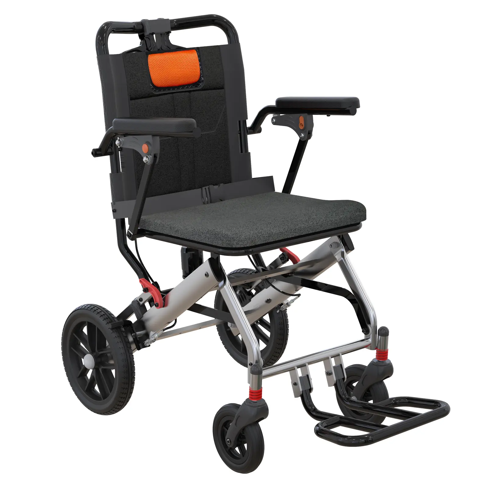 Ultra-Light Folding Wheelchair for Travel & Daily Use – 16" Seat, Aluminum Frame – 10" PVC Wheels – Two-Stage Locking Handbrake – Removable Armrests & Swing-Away Footrests – Gray or Orange – Great for Seniors, Kids, or Care Facilities