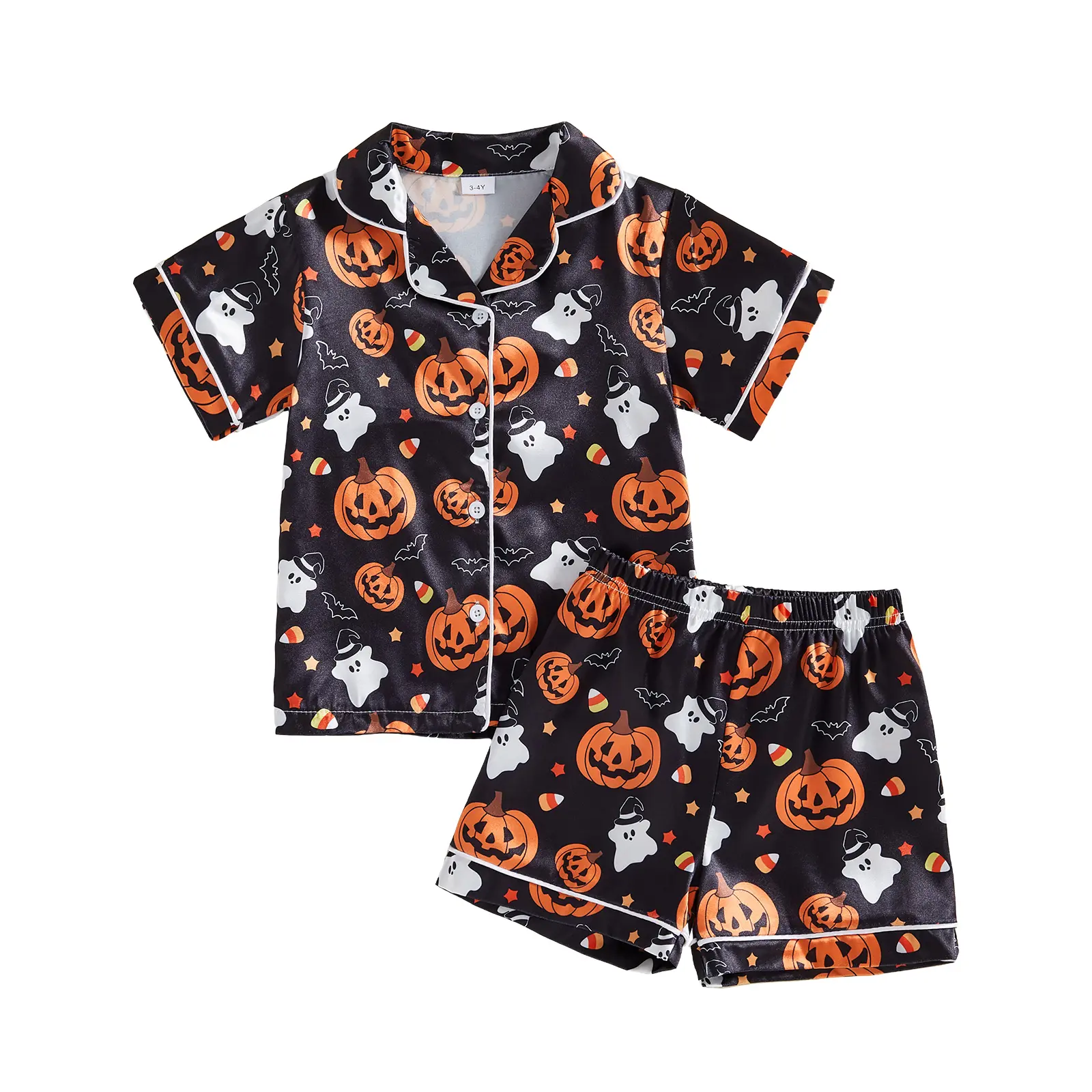 Babamoon Toddler Baby Little Boy Halloween Pajama Set Print Lapel V Neck Short Sleeve Tops& Pants Satin Sleepwear