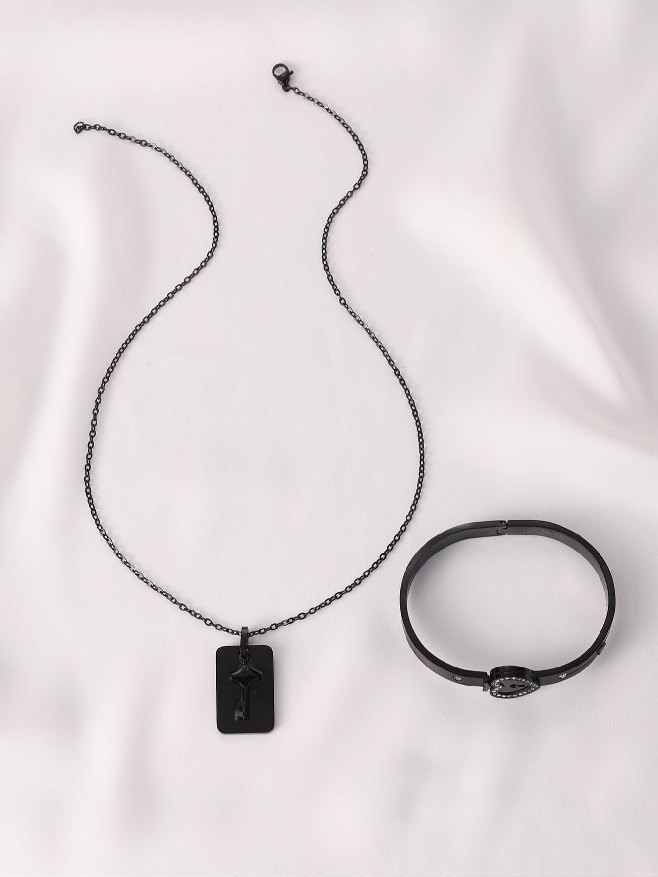 Unisex Summer Trendy Jewelry Set,  Rhinestone Decor Heart Shaped Lock Design Bracelet, Key Design Pendant Necklace for Girl, Streetwear Matching Vintage Jewelry, Valentine's Day, Gift