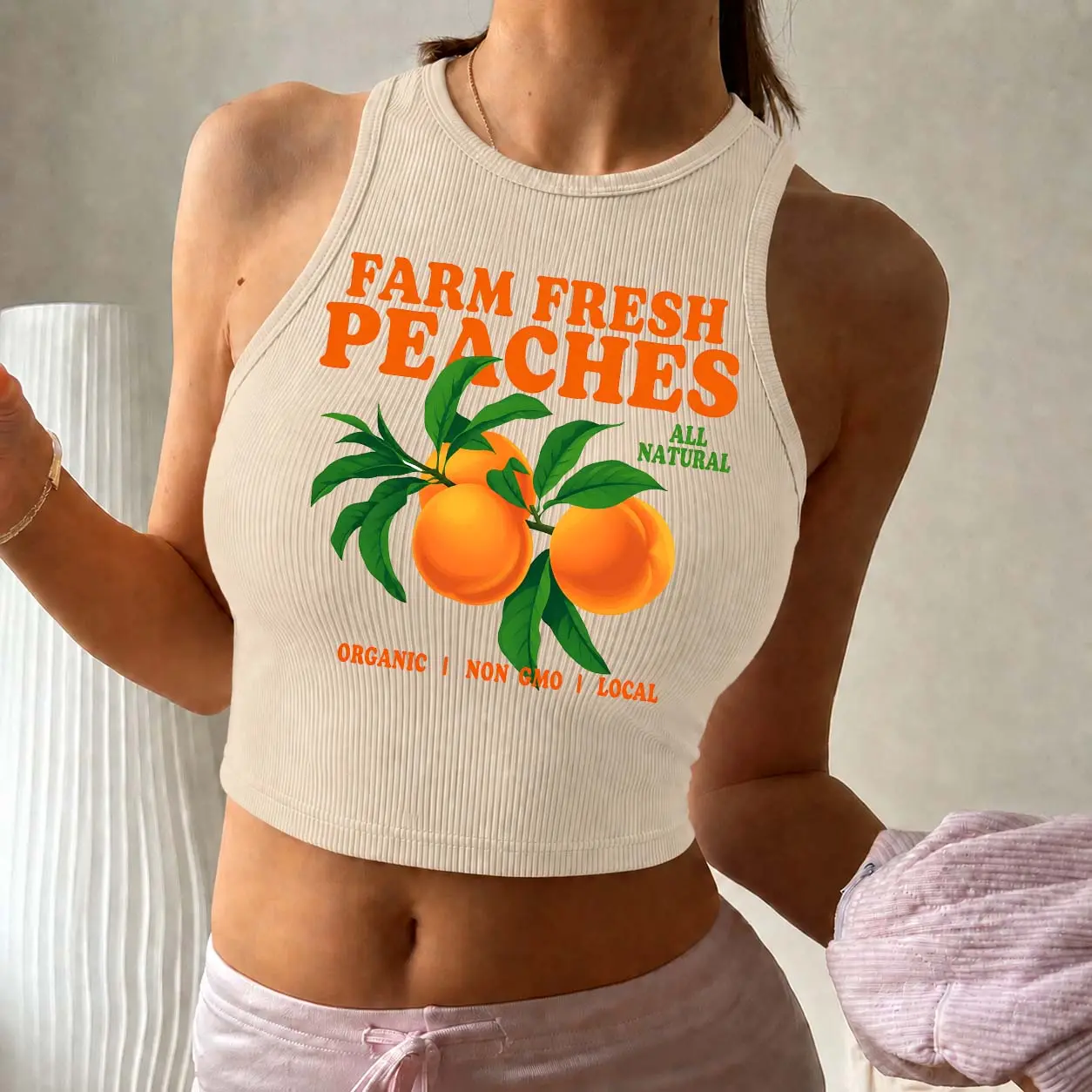 Women’s "Farm Fresh Peaches" And Peaches Print Crop Tank Top, Ribbed Sleeveless Fitted Top for Summer, Soft Stretch Casual Vest Shirt, Trendy Basic Going Out Top for Daily Wear, Vacation, Workout and Streetwear