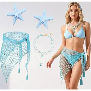 Mermaid Accessories Set 4PCS – Crochet Fishnet Cover Up Skirt, Starfish Hair Clips & Seashell Necklace – Great for Mermaid Costume, Beach Party, Bachelorette, Under the Sea Theme