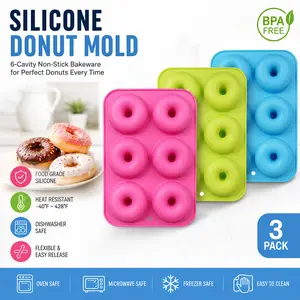 3 Pack Large Capacity 6-Cavity Silicone Donut Baking Molds, Non-Stick Heat Resistant Doughnut Pan, Microwave and Dishwasher Safe, Reusable Bakeware for Homemade Donuts, Bagels, Suitable for Home and Commercial Baking Use