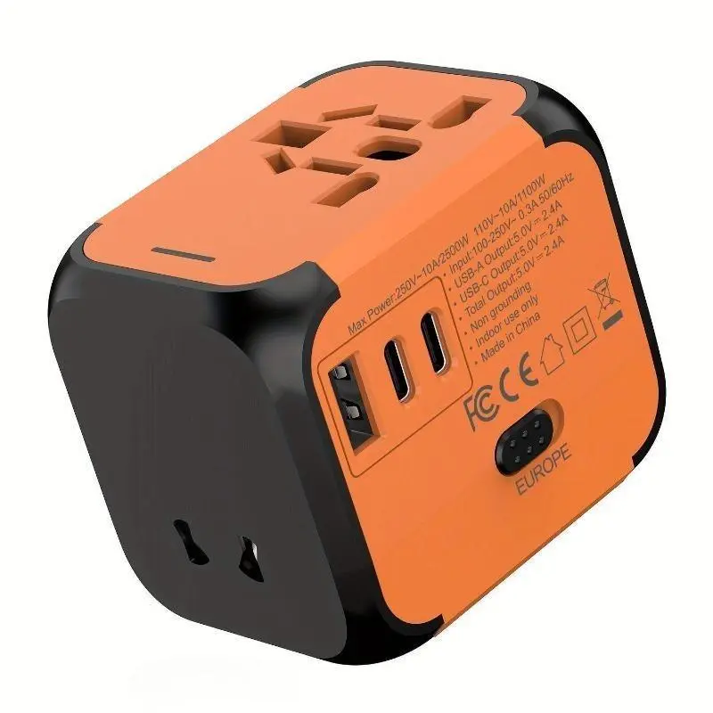 Durable Multi-Plug Travel Adapter, Compact and Stylish Charger with a Type-C Port and Protection Cap for Mobile Phones and USB Devices