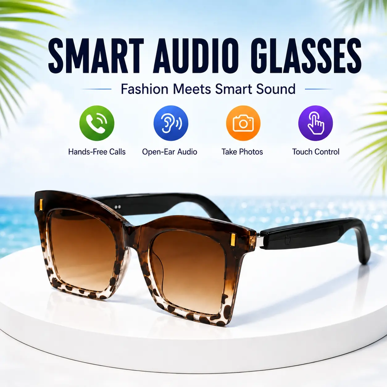 Smart Glasses for Men and Women, Wireless Audio Sunglasses with Built in Mic, Open-Ear Sound, Hands-Free Calls and Voice Assistant,Touch Control,Remote Camera