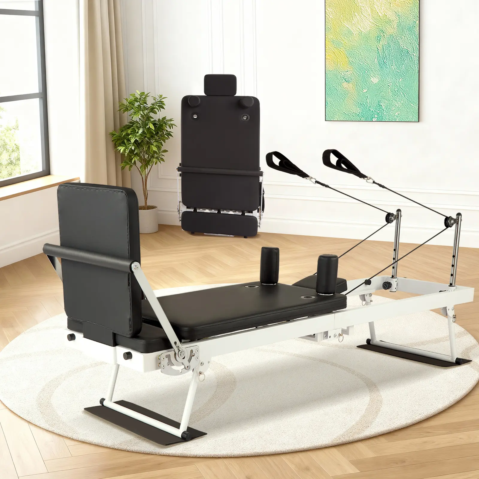Collapsible Compact Pilates Reformer Machine with Jump Board - Adjustable Spring Resistance, Includes Cords - Space-Saving Home Gym Bed for Full-Body Workout