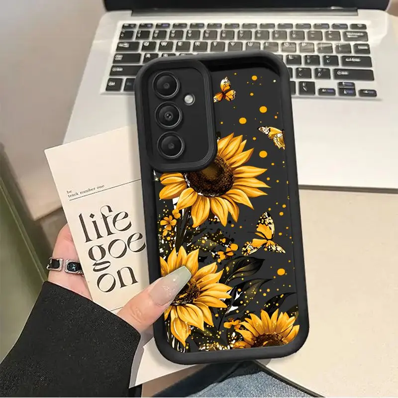 TPU Camera Protector Case for Samsung Galaxy S21-S25, A13, A15, A35, A54, A55 - Multi-Models Mobile Phone Accessory, Black Sunflower & Butterfly Pattern with Golden Accents