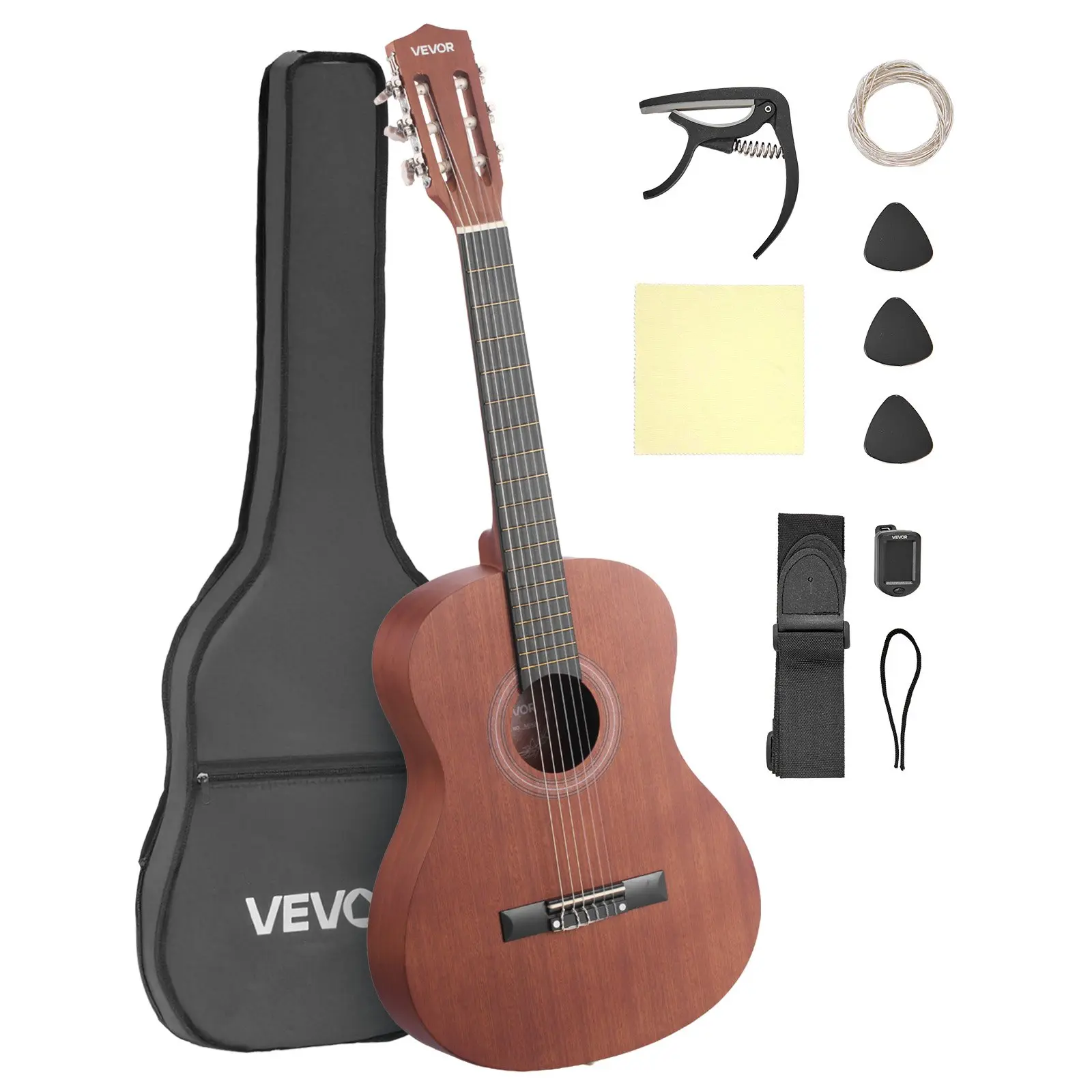 VEVOR Classical Guitar, 36 Inch, Wood Classical Guitar Starter Kit for Beginners, with Nylon Strings, Gig Bag, Strap, Tuner, Extra Strings, Picks, Capo, Sapele & Rosewood, for Kids Girls Boys, Natura