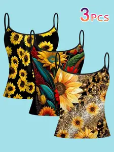 Women's Plus Size 3-Piece Set, Sunflower Print Strappy Top, Casual Bright Backless Vest, Trendy Sweet Cool Style, Energy-Boosting Women's Clothing