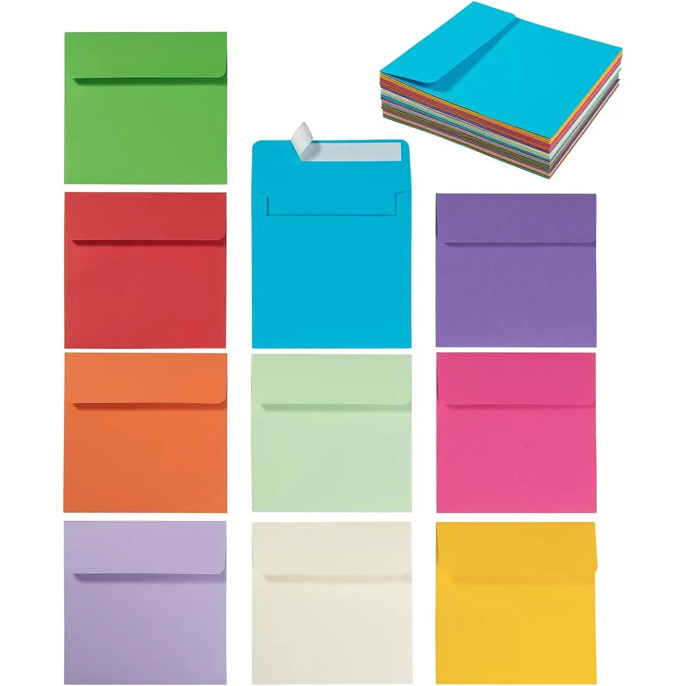 50-Count Bulk Pack 6x6 in Self-Seal Square Envelopes, Colorful Home Supplies for Wedding/Party Invitations, Greeting Cards, Announcements, Photos, CD/DVD Sleeves