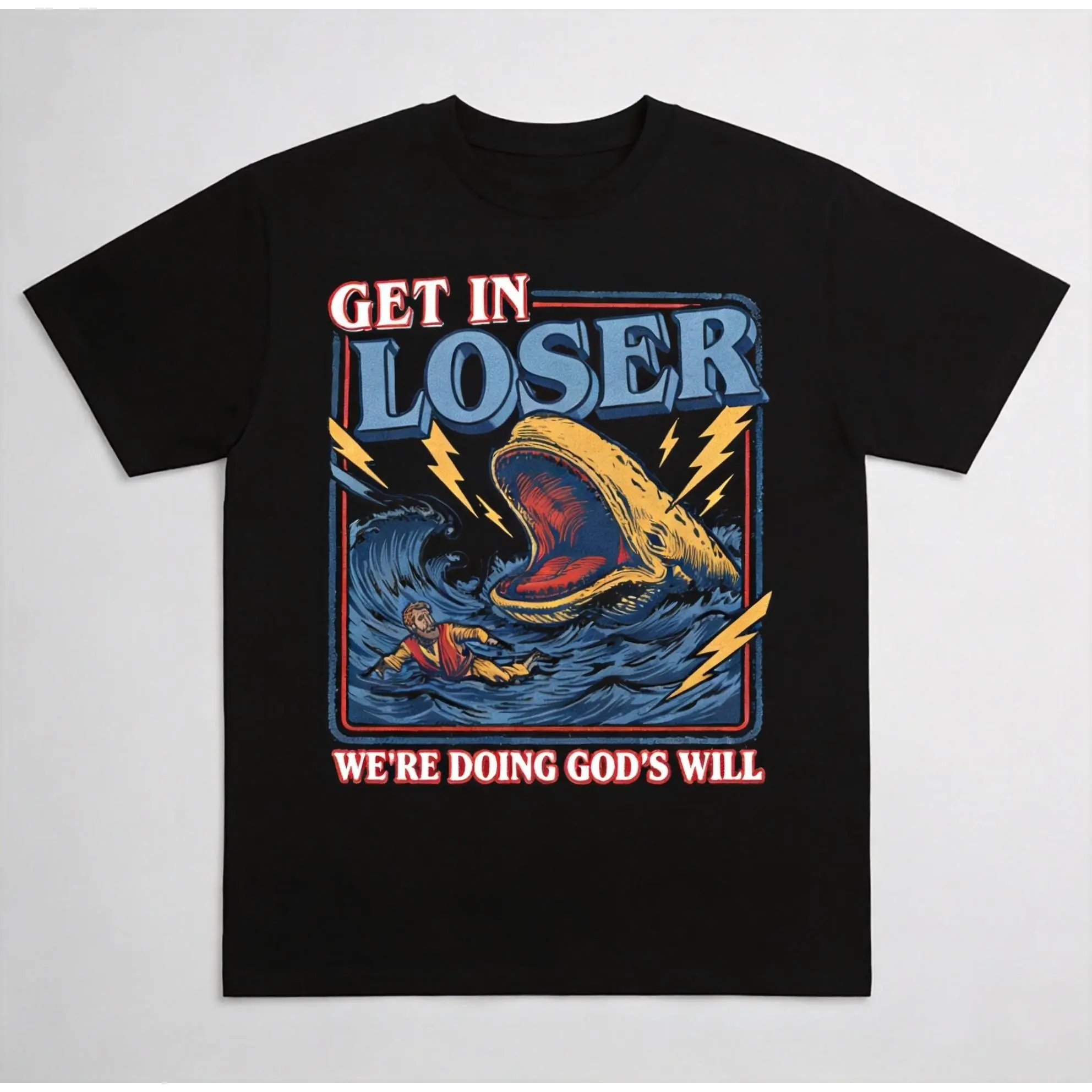Unisex "Get In Loser" Graphic T-Shirt - Christian Humor Sporty Chic Menswear, Relaxed Fit All Seasons 3XL Crew Neck Short Sleeve Faith Streetwear Top