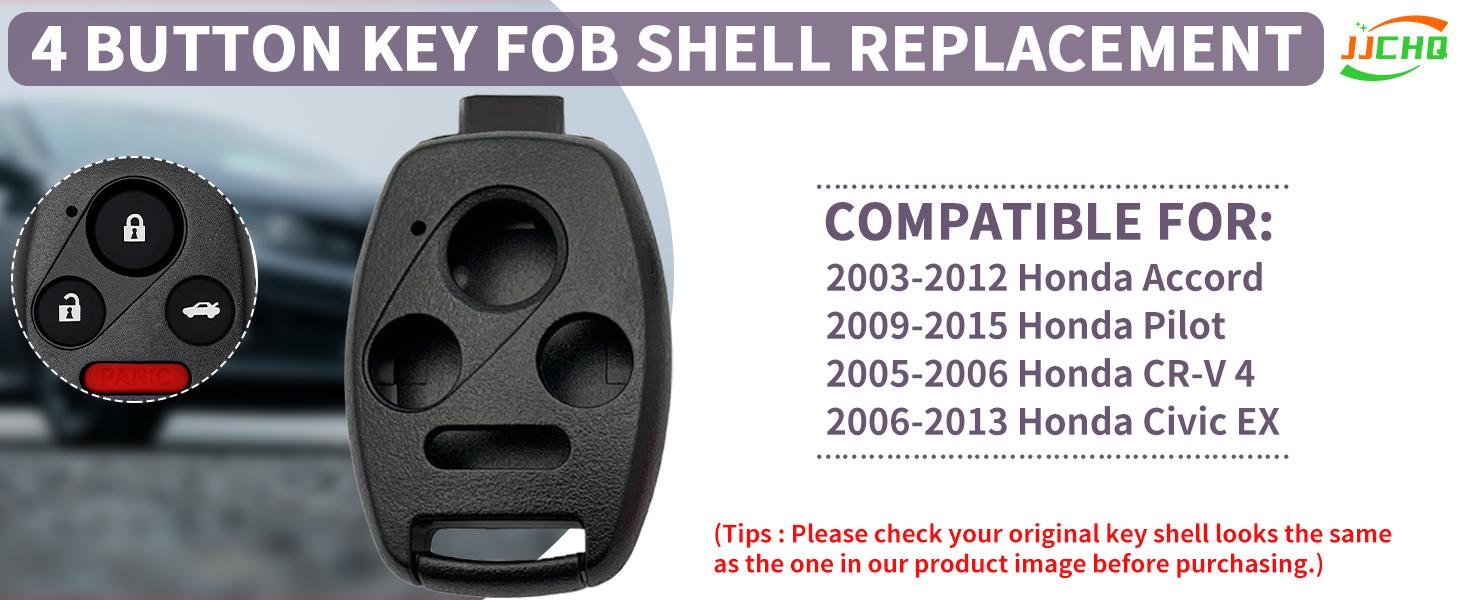 2 Pack Key Fob Shell Replacement for Honda Accord 2003-2012 / Civic EX 2006-2013 / Pilot 2009-2015 / CR-V 2005-2006 4 Button Car Keyless Entry Remote Control Key Fob Case Cover - NO Cutting Require