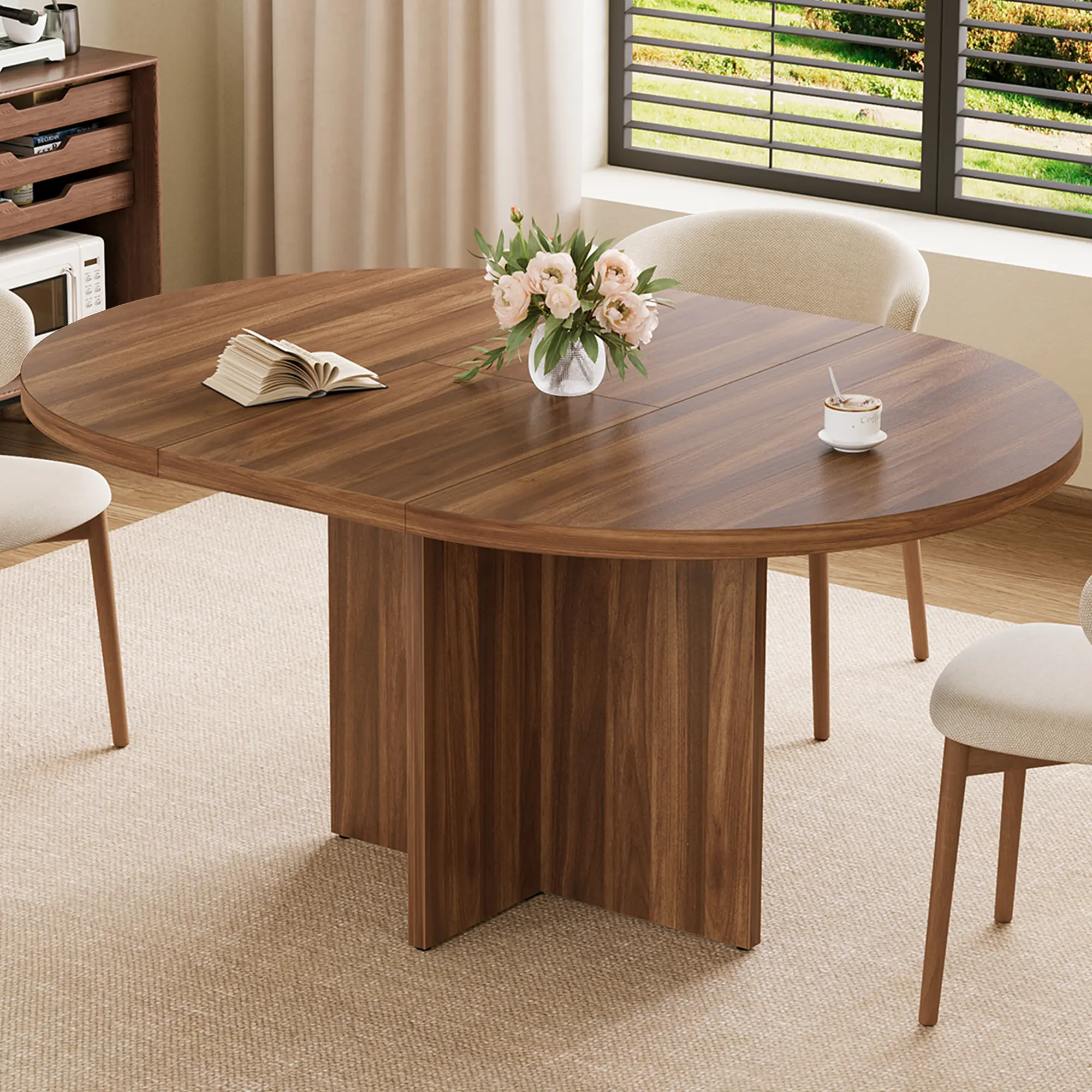 Gaomon Modern Extendable Dining Table with Hidden Leaf, Round to Oval Wooden Kitchen Table with Sturdy Cross Base, Space Saving Drop Leaf Dinner Table Furniture for Apartment Small Space