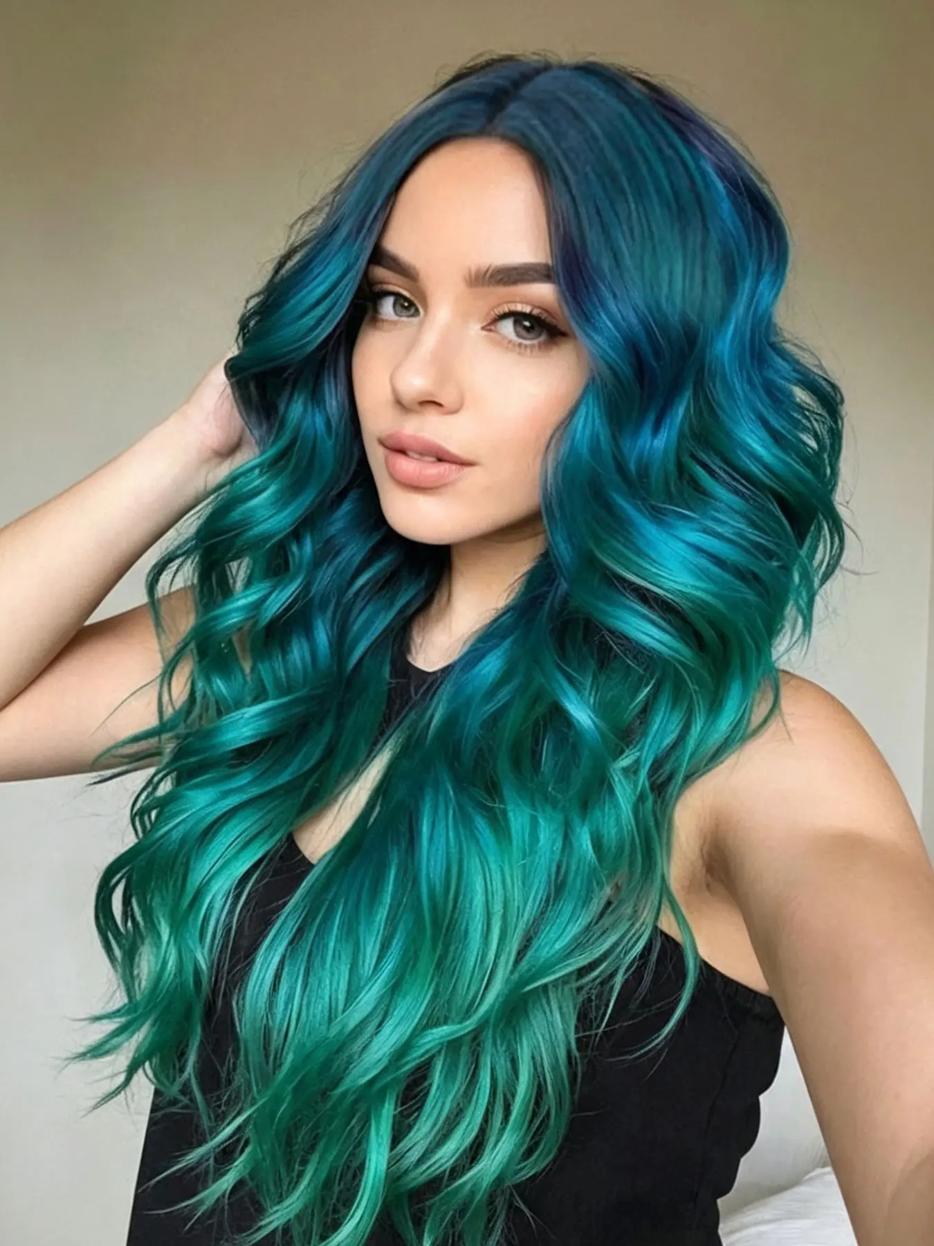 24 inch Women's Long Wavy Ombre Blue Wig With Split Bangs, Halloween Costume Ombre Bluish Wig, Flowing Waves Body Wave Synthetic Hair Wig, 200% High Density with Rose Net, Perfect for Party & Daily, Festival, Ombre Wigs