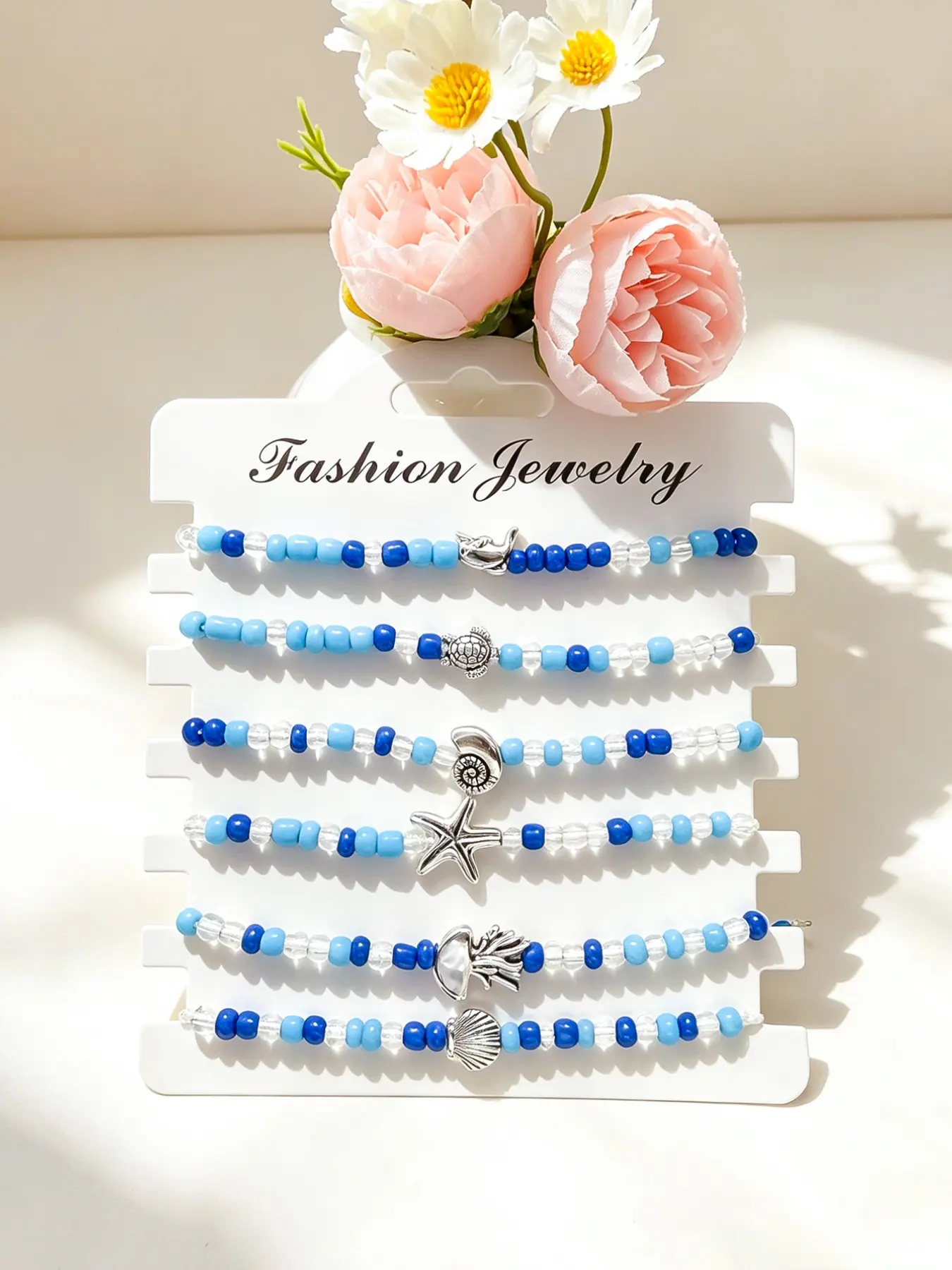 Summer Beach Vacation Style Ocean Element Beaded Bracelet, Blue Shell Dolphin Conch Pendant Adjustable Wristband, Beach Holiday Accessory, Bead Bracelets