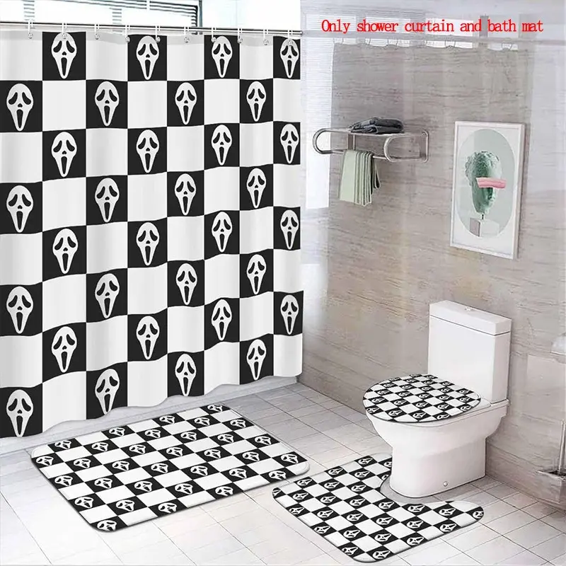 Horror Face Bathroom Set, 4-Piece with Shower Curtain 71x71, Bath Mat, Contour Rug, Toilet Lid Cover, Black and White Checkerboard Pattern, Shower Curtain Sets