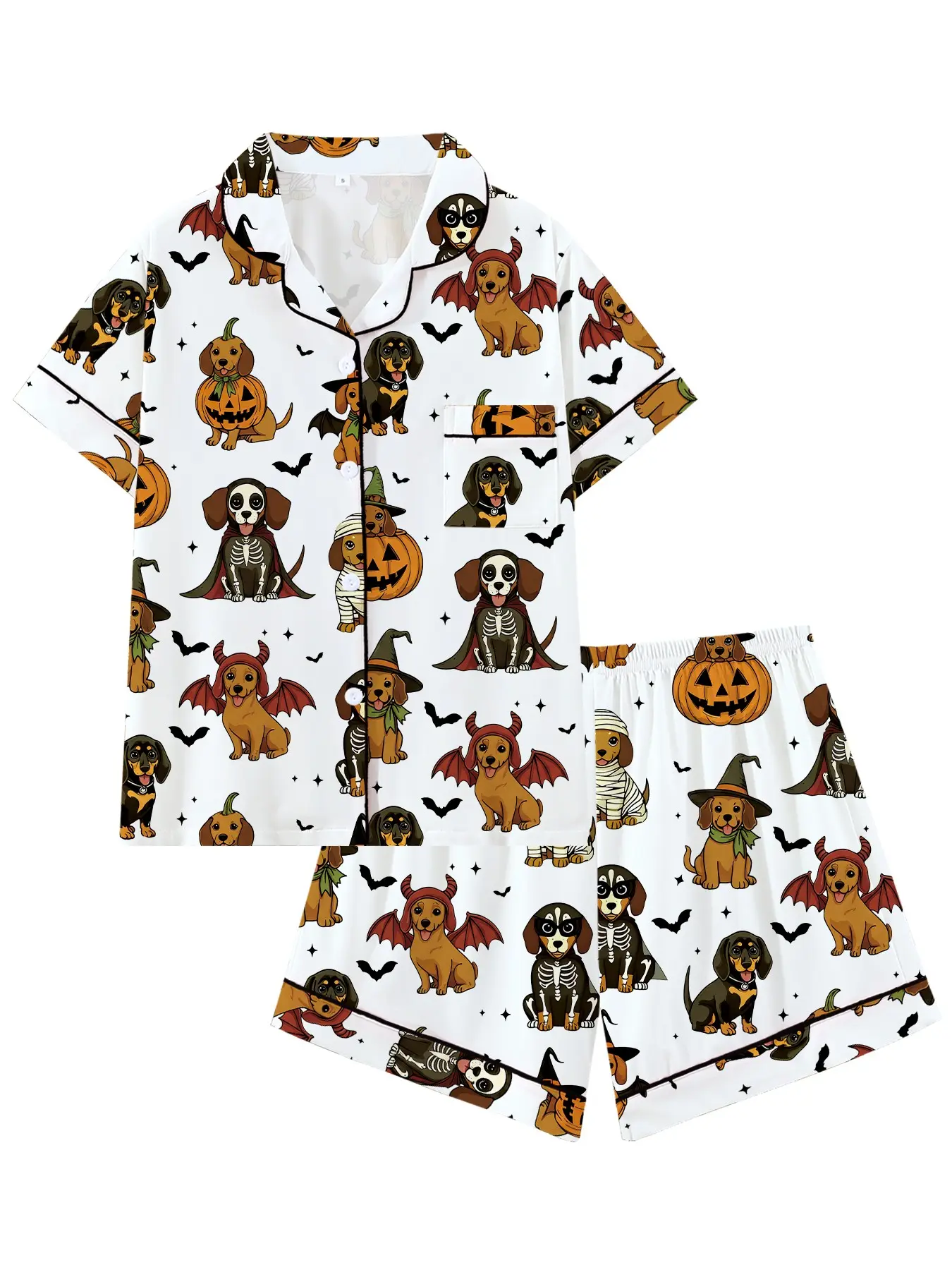 Halloween Dog Skull Skeleton Pajama Set, Trim Graphic Sleepwear, Dark Pure Desire Short Sleeve, Fun Halloween 2-Piece Pajamas