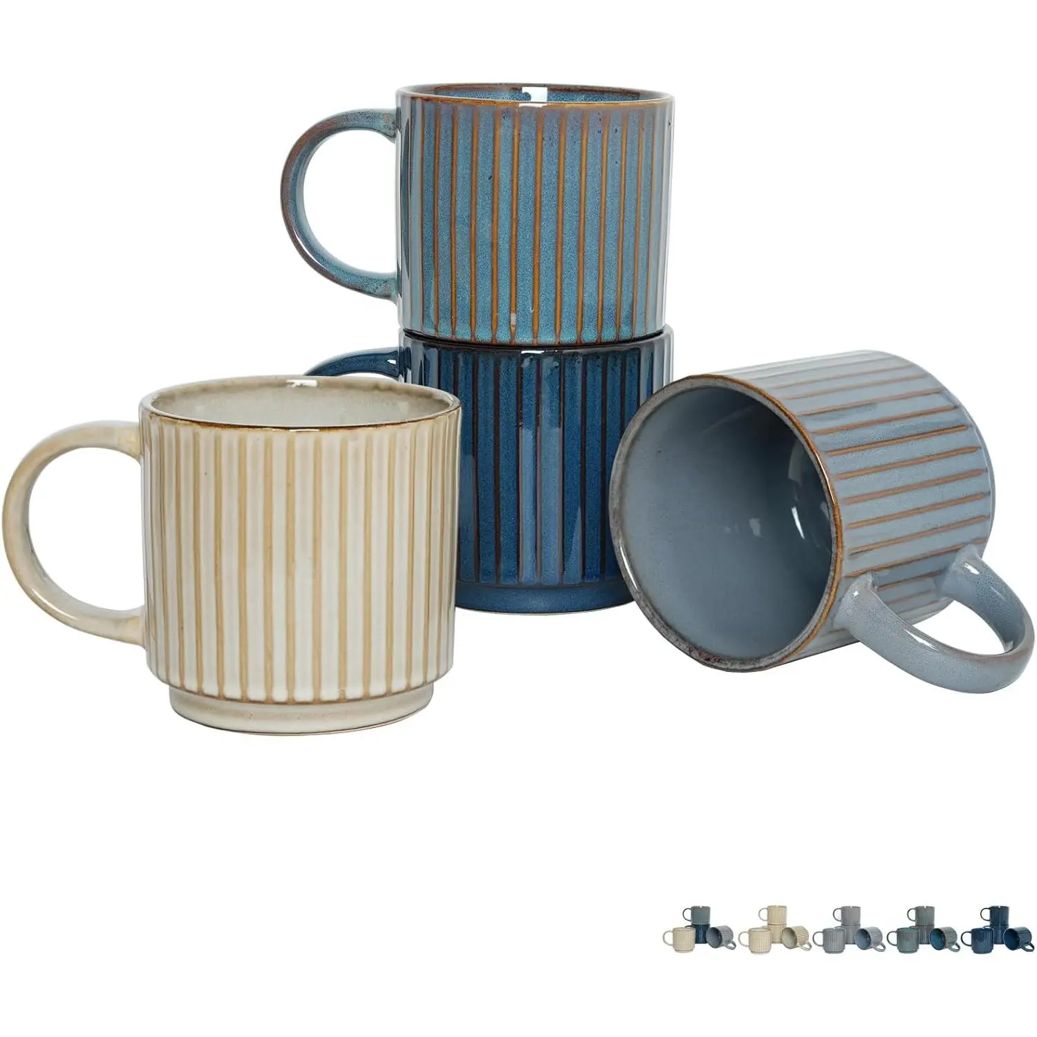 Stackable Ceramic Coffee Mug Set of 4, 16 Oz, Coffee Cups, Microwave Safe,  Reactive  (Multicolor, 16 Oz)