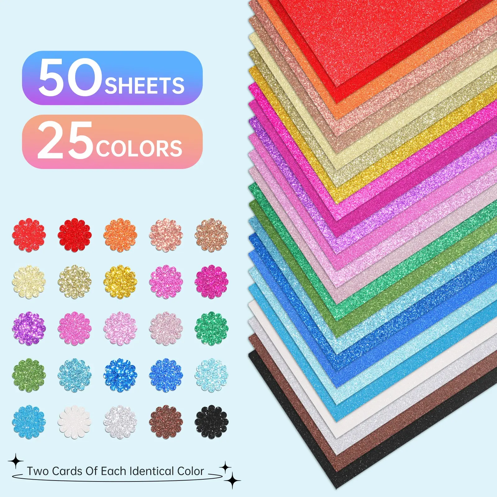 50 Sheets Glitter Cardstock Paper, 25 Colors A5 Size, Sparkly Craft Paper, No-Shed Finish, Ideal for Card Making, Scrapbooking, DIY Decorations, Art Craft Paper