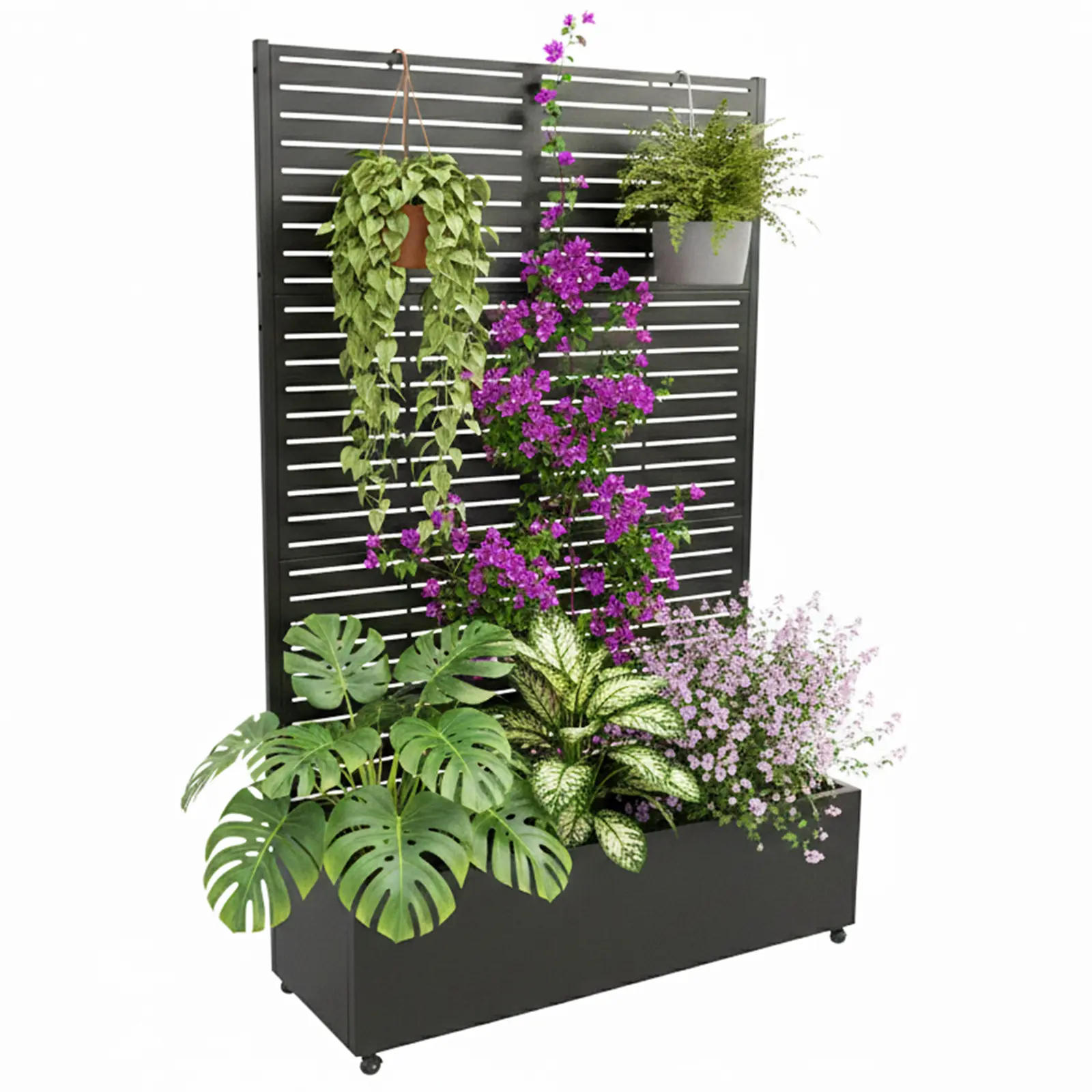 Metal Raised Garden Bed with Trellis – Galvanized Planter Box with Drainage Holes – Outdoor Privacy Screen Planter for Climbing Plants, Vegetables, Flowers, Vines – Black, Slatted Stripe Design, with Wheels