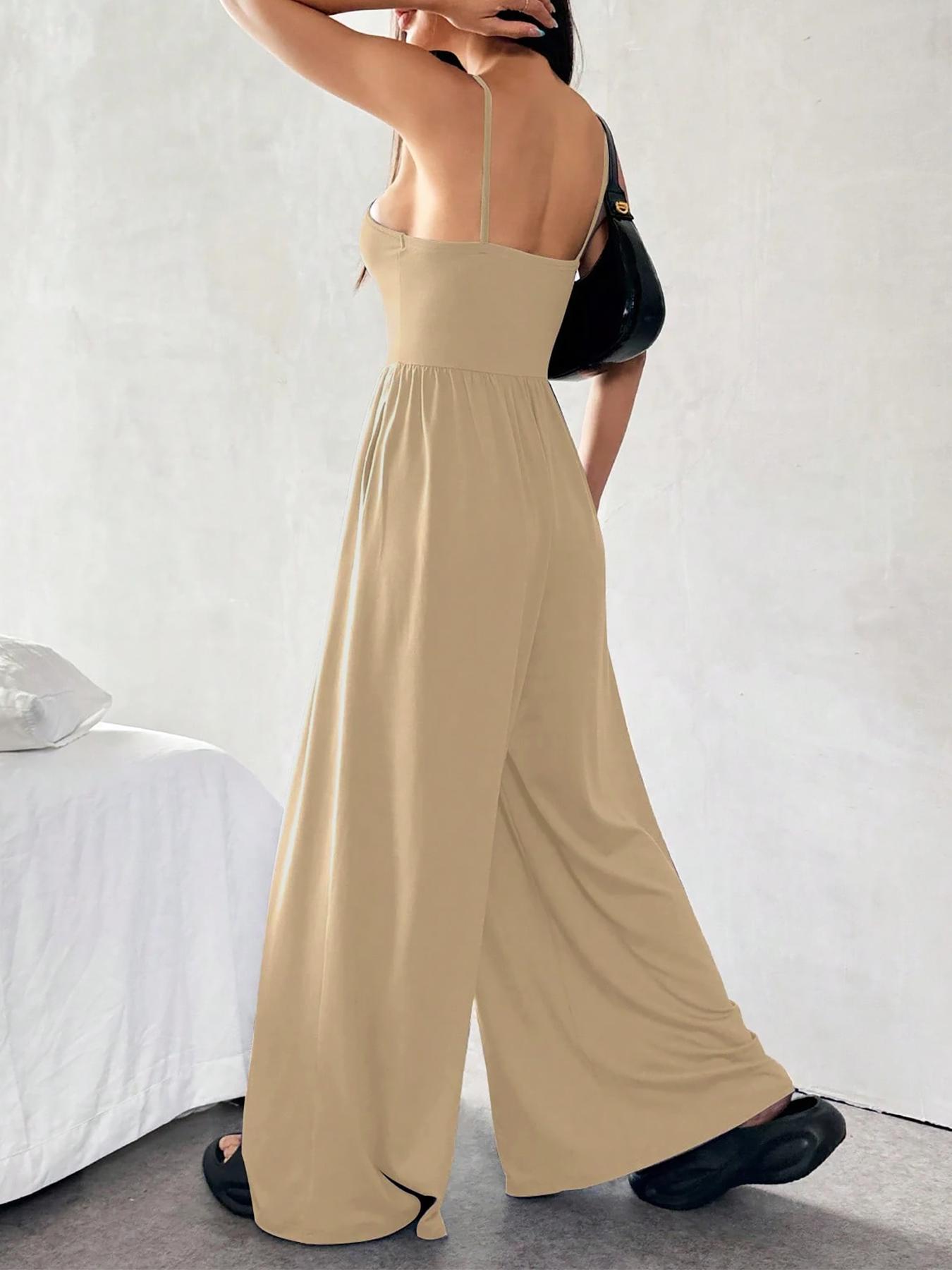 Women's Solid Color Cami Jumpsuit, Casual Comfy Wide Leg Jumpsuit for Summer, Women's Jumpsuit for Daily Wear