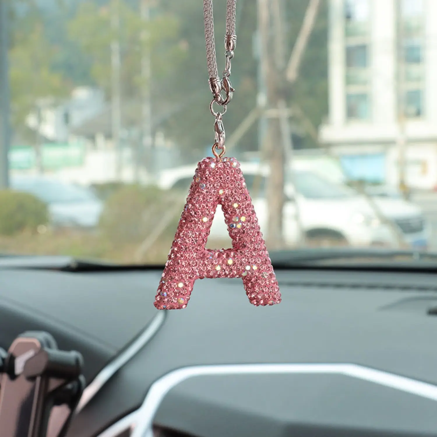 Bling Rhinestone Letter A Car Hanging Ornament Luxury Pink Initial Pendant Rearview Mirror Charms Cute Glitter Crystals Interior Decoration Women Gift