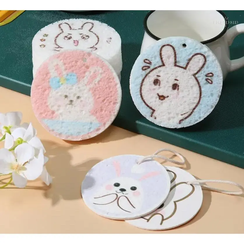 Cute Rabbit Printed Compressed Wood Pulp Sponge, Expandable Absorbent Dish Washing Scrubber, Hanging‑type Natural Kitchen Cleaning Sponge For Pots Tableware And Daily Home Deep‑Cleaning